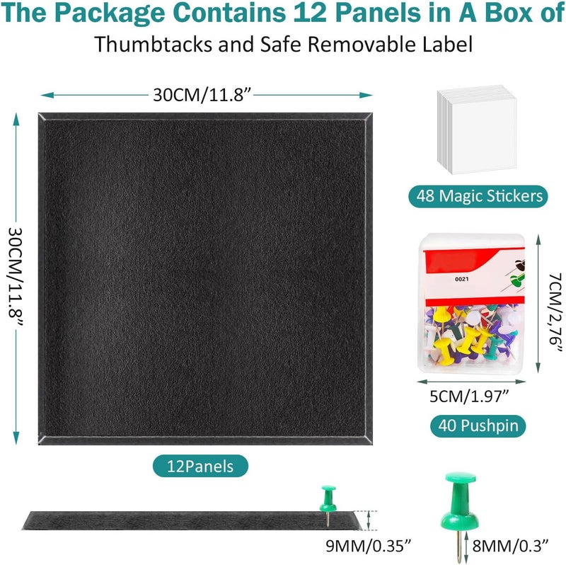 ZHIDIAN Felt Wall Tiles Bulletin Board with Removable Adhesive, 47"x35" Black Cork Board Alternative with 40 Push Pins, 12 Pack Large Office Cork Tile Pin Board Felt Squares for Walls - Image 2